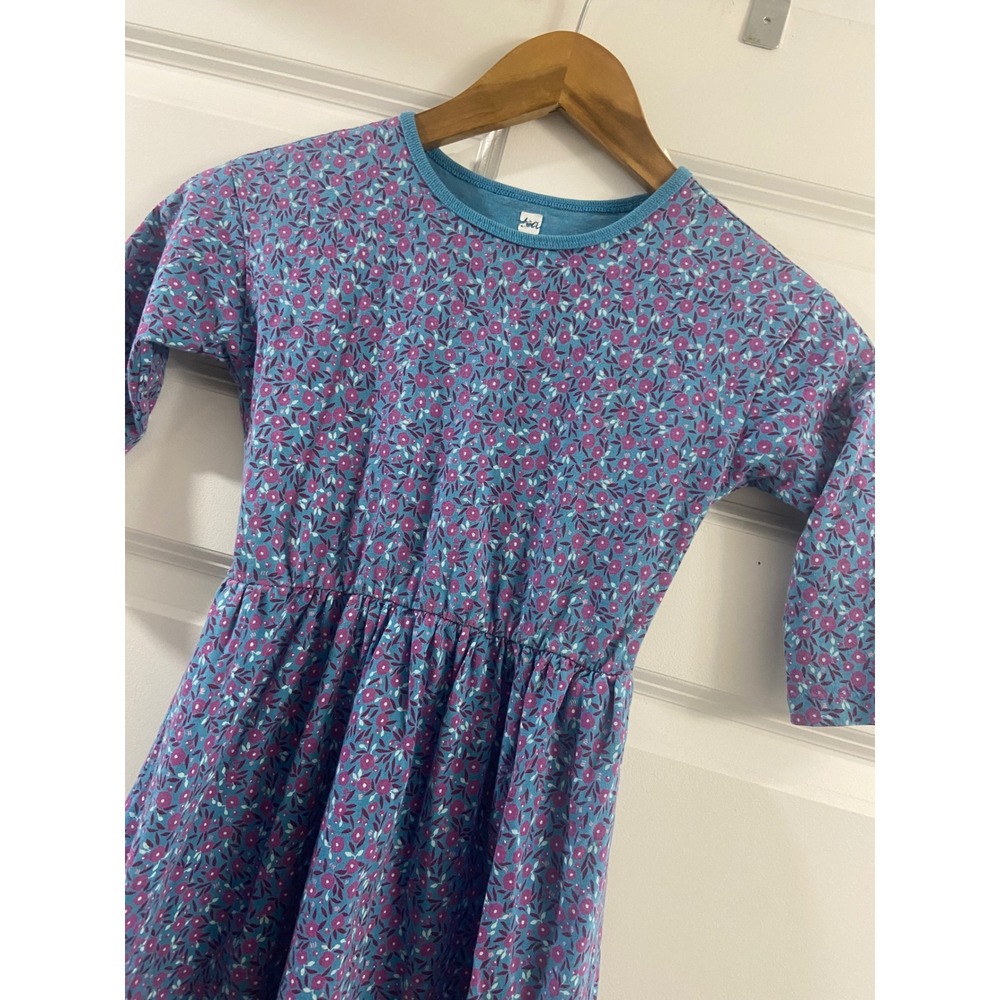 Tea Collection Girls Blue Purple Floral Cotton Jersey Long Sleeve Dress Size 8